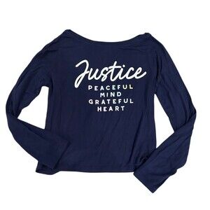 Justice Girls Long Sleeve Graphic Top Blue Twist Back Size S Peace